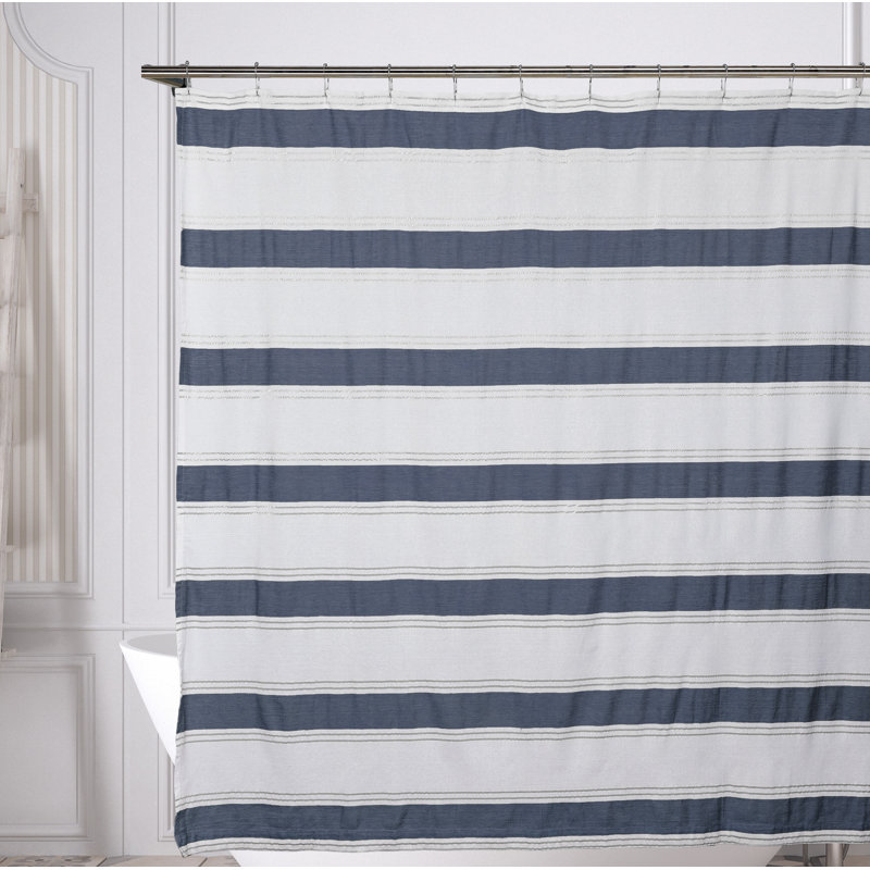 Rideau de douche simple à rayures 100% coton Spirzky, Blanc / bleu marine