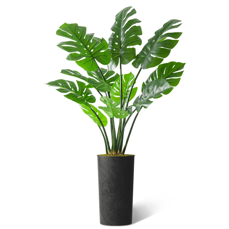 Arbre artificiel dans un pot de fleurs moderne, décoration d'arbre en soie artificielle Monstera (pot et arbre), H 65 po
