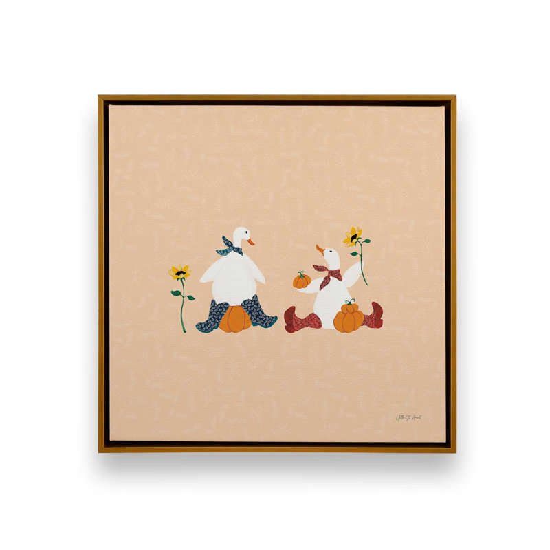 «Ducks in the Pumpkin Patch III» par Yvette St. Amant, reproduction d'art sur toile, Cadre flottant, H 36 po x l 36 po, Doré