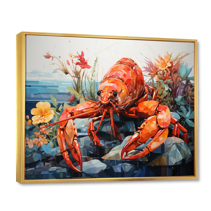 «Coral Yellow Lobster Grace», reproduction géométrique sur toile, H 12 po x l 20 po x P 1 po, Cadre flottant doré