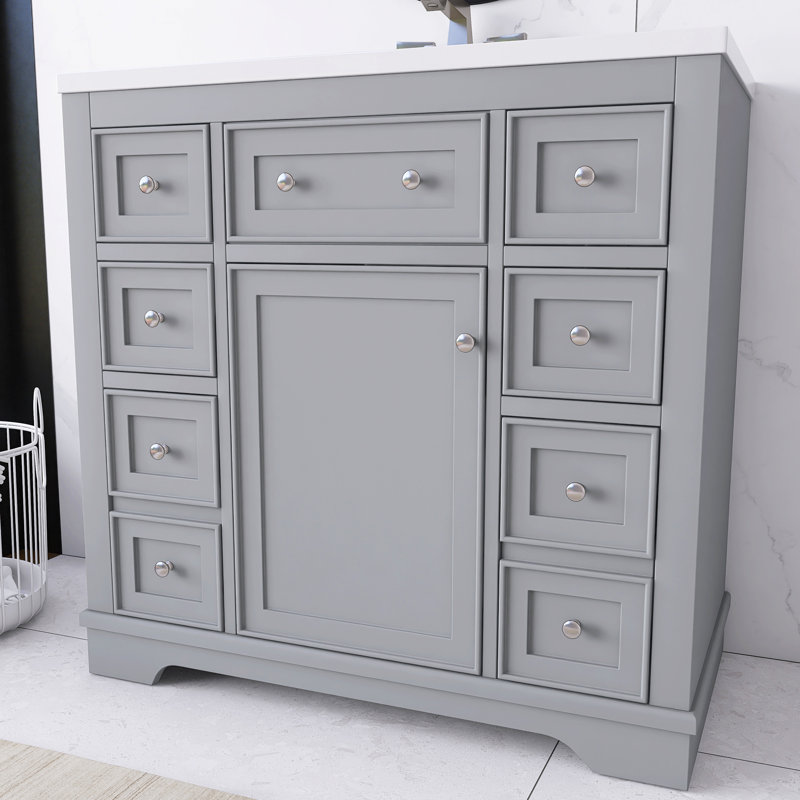36 po Meuble-lavabo autoportant à simple cuve avec comptoir en céramique blanc non assemblé, Gris