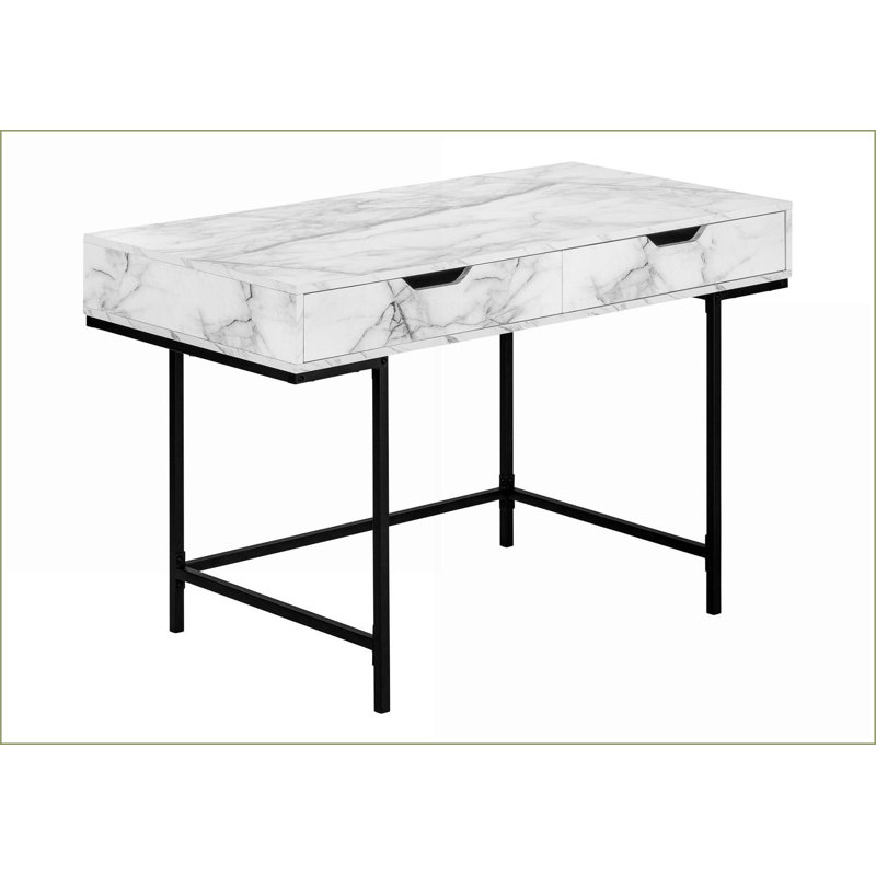 Bureaux: bureau d'ordinateur moderne 48 po avec 2 tiroirs, stratifié marbre blanc, métal noir | Blanc | Panneau de particules