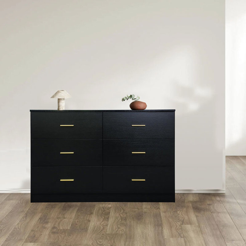 Commode de chambre moderne noire avec 6 tiroirs. Vaste espace de rangement. Construire. Finition brillante. L 15,43 po x H 29,96 po x P 48,59 po. Coffre simple 6 pièces. Rangement disponible. &. Extérieur. 15,43 po
