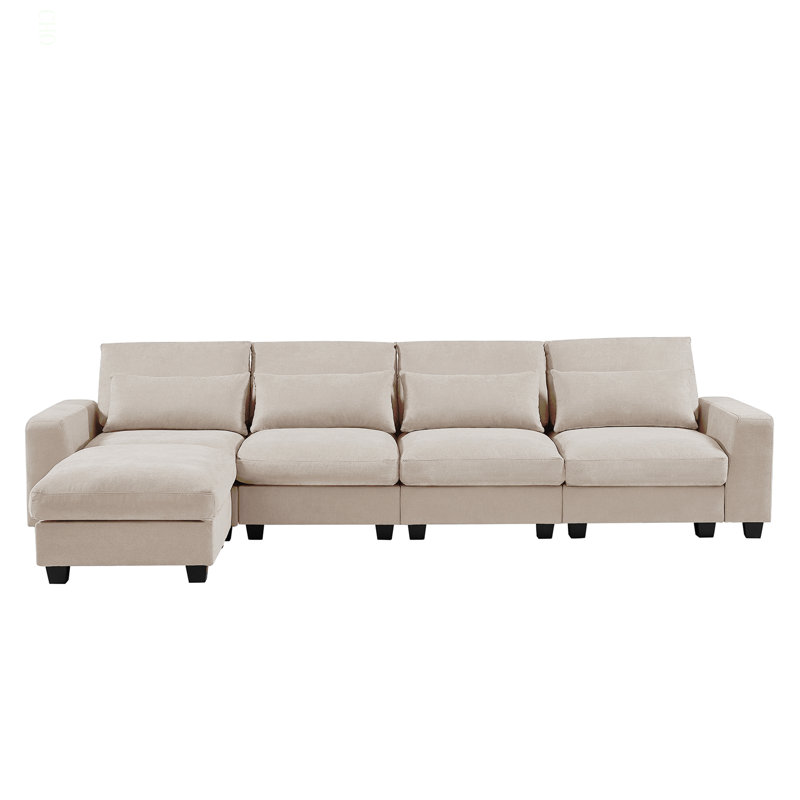 Grand canapé modulaire rembourré de plumes en L moderne, canapé convertible avec méridienne réversible pour le salon