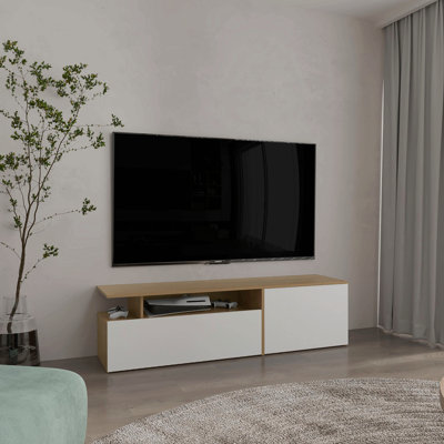 Meuble télé flottant de 63 po de largeur avec deux armoires, six tablettes, un système de gestion des câbles, un centre de divertissement pour le salon et une armoire murale en chêne naturel - blanc