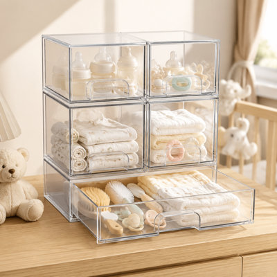 5‑pack stackable clear acrylic bottle storage drawers (2S 2M 1L), multi‑purpose baby bottle station organizer for countertop, vanity, bathroom, cabinet and pantry organization