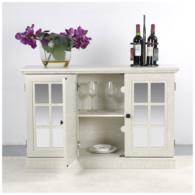 Armoire de rangement 45 po en chêne blanc avec portes en miroir en acrylique, buffet à tablette réglable pour le salon et la salle à manger