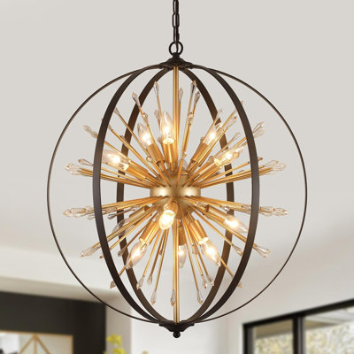 Modern Sputnik Chandelier With Crystal Firework Design, Black And Gold Industrial Pendant Light Fixture For Entryway, Foyer, Kitchen, Dining Room, Living Room, UL Listed