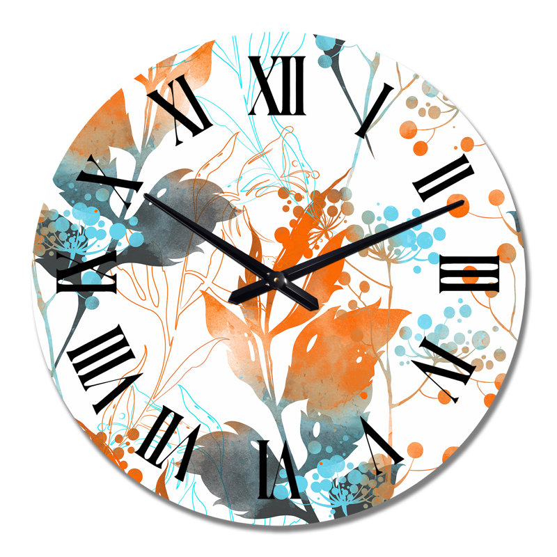 Horloge murale boho orange et feuilles bleues, Grand