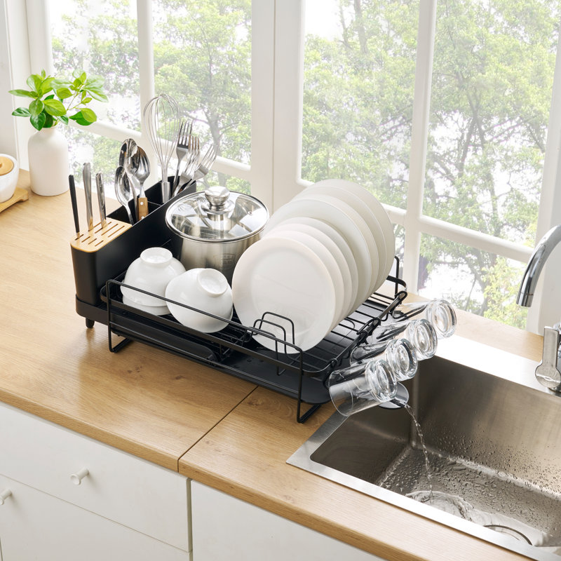 3-piece Dish Dryer Rack With Expandable Base And Utensil Holder, Black