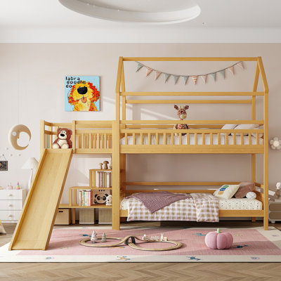 Lit simple superposé en forme de maison avec glissière et escalier de rangement