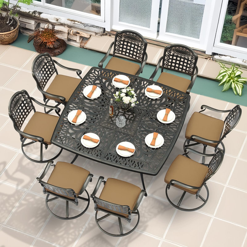 9-Piece Outdoor Patio Dining Set, All Weather Cast Aluminum Patio Funiture Table And Chairs Set- Large 64" Square Table And 8 Cushioned Swivel Rocker Chairs, 2.2" Umbrella Hole