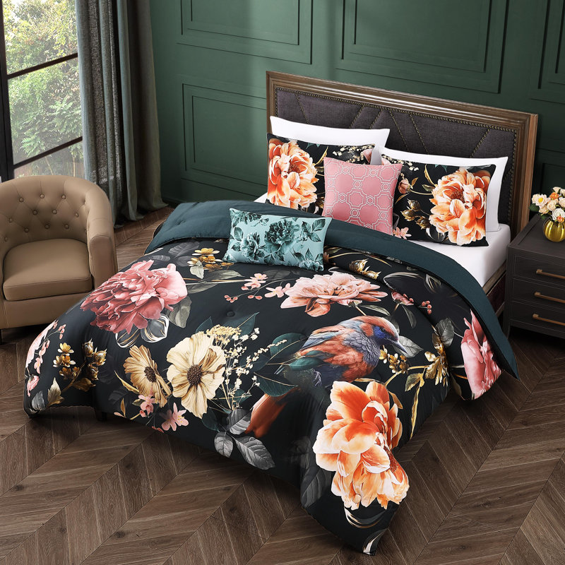 Queen Black Cotton Reversible Botanical Comforter Set