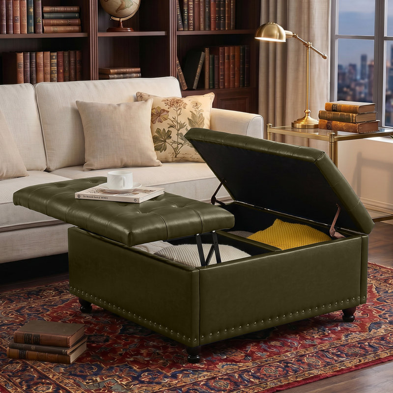 Repose-pieds carré avec rangement Delmontez, Similicuir vert olive