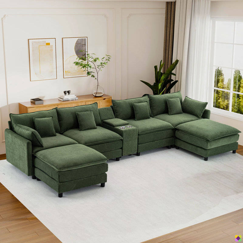 Merchelle 144.5"W 7 Piece Modular Sectional, Console, Cup Holders, USB Ports, Green Chenille