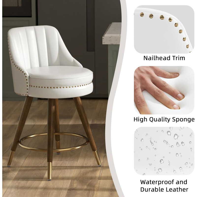 Markelian Counter Height Bar Stools Set of 4 with Backs, 24" Swivel Bar Stools with Wood Legs for Kitchen, 4, White/Gold