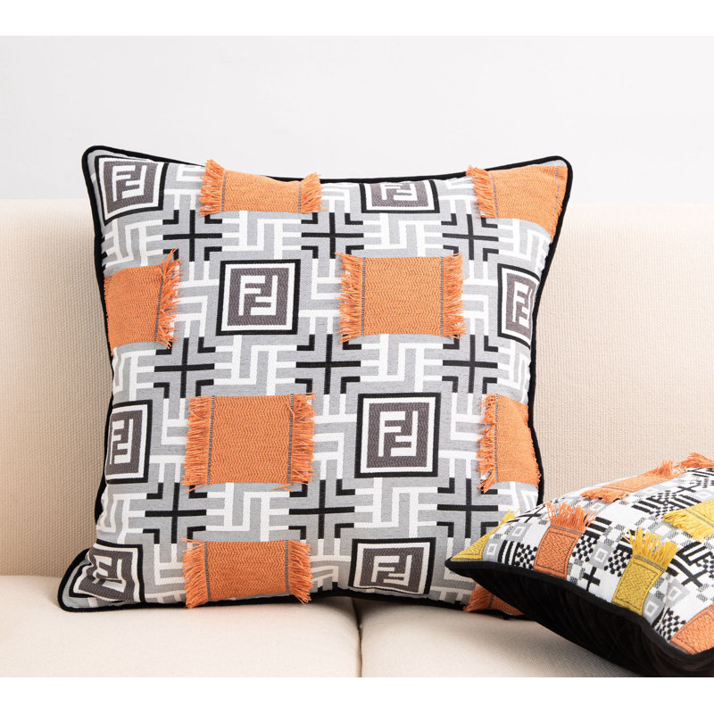 Housse de coussin géométrique, Carré, H 18 po x l 18 po, Orange / géométrique argent