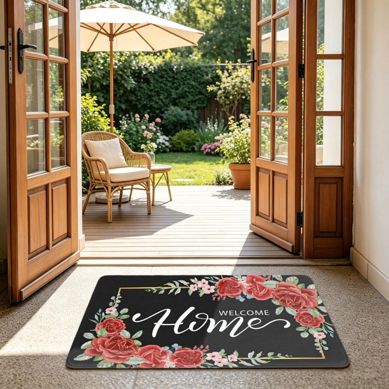Tapis floral noir et rouge pour intérieur et extérieur 24 po x 36 po