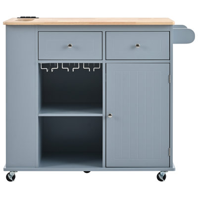 Îlot de cuisine avec prise de courant, îlot de rangement avec abattant et bois d'hévéa, rangement ouvert et support à vin, 5 roulettes, avec rangement réglable pour la maison, la cuisine et la salle à manger