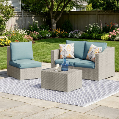Ensemble de conversation modulaire en osier 3 personnes avec coussins Baecher