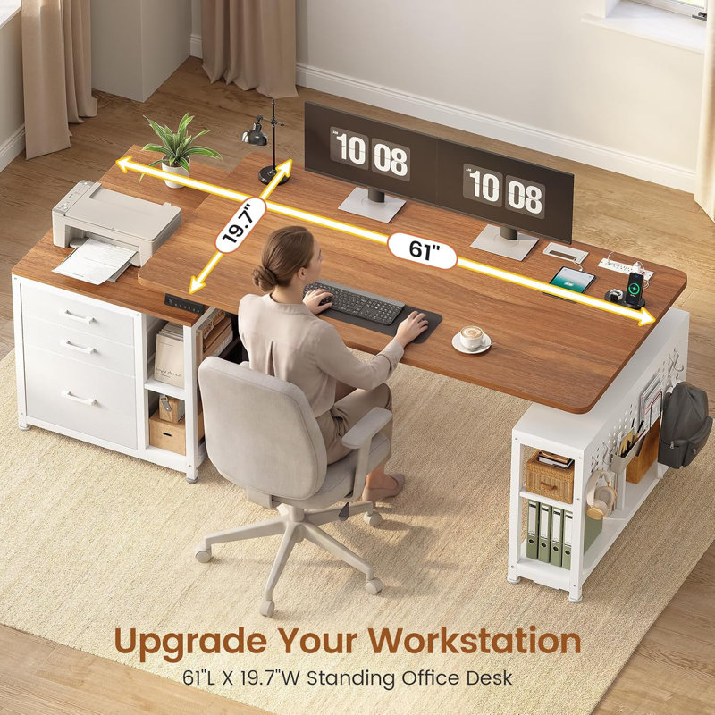 Bureau d'ordinateur en L 67 po réversible avec 4 tiroirs en tissu
