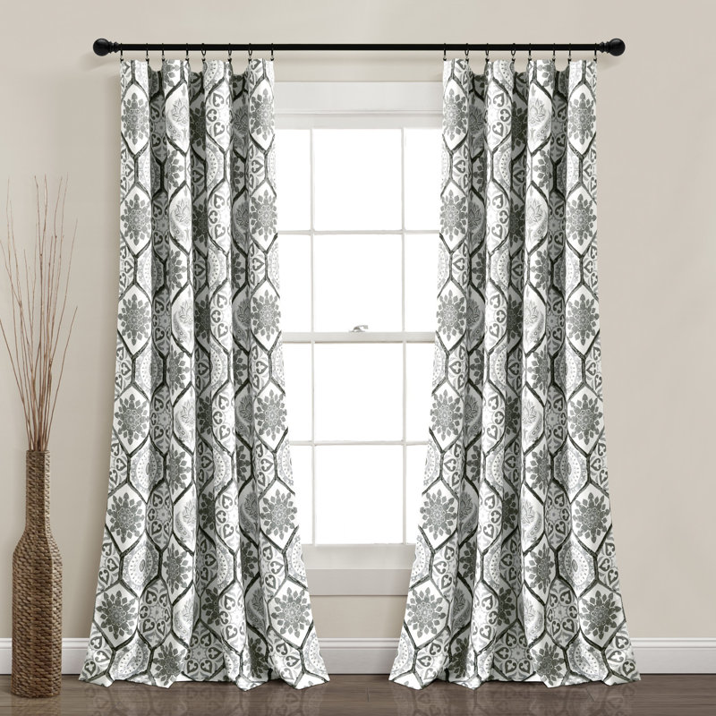 Gray Suzani Pattern Light Filtering Polyester Window Panels
