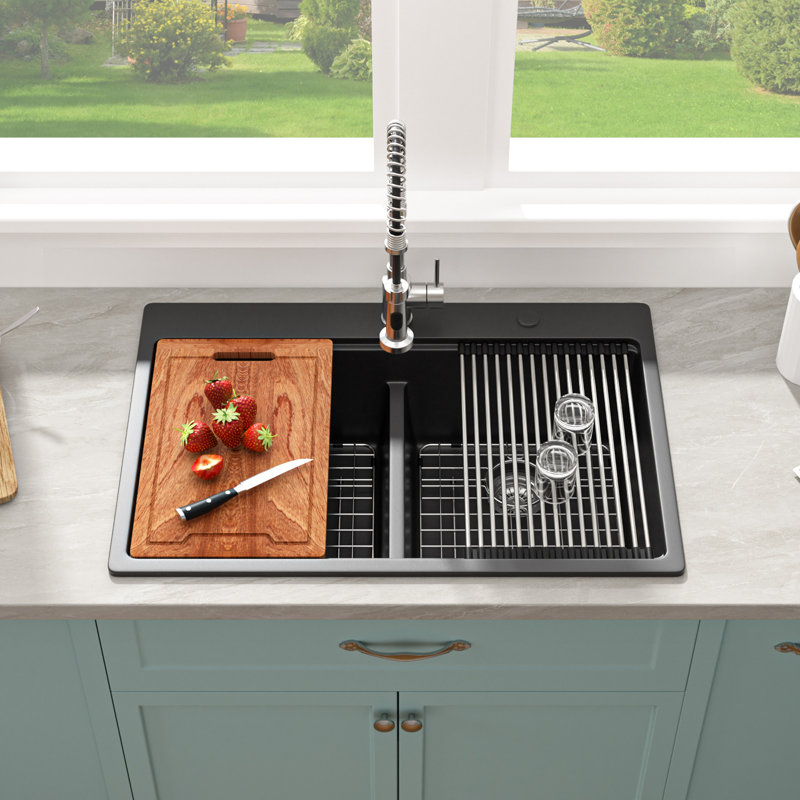 Évier de cuisine en granite 33 po x l 22 po à double cuve avec plan de travail à double cuve en quartz avec séparateur inférieur et accessoires