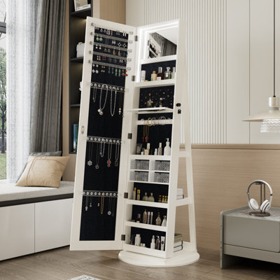 Armoire à bijoux pivotante à 360 ° avec miroir pleine grandeur, organisateur de bijoux debout 5 en 1 avec serrure, miroir de meuble-lavabo intérieur