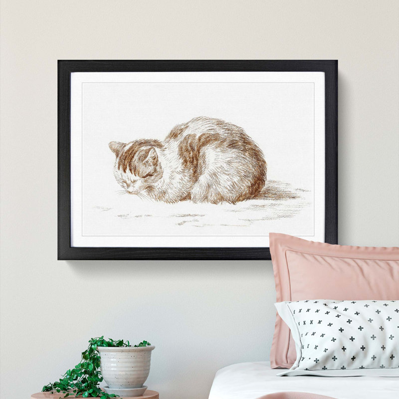 The Resting Cat by Jean Bernard - Picture Frame Drawing Print, 48cm H x 65cm W x 2cm D, Black Framed