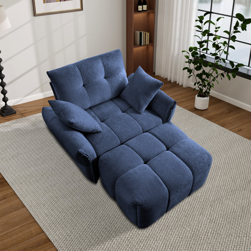 Chaise longue rembourrée en chenille capitonnée à accoudoirs évasés, Bleu