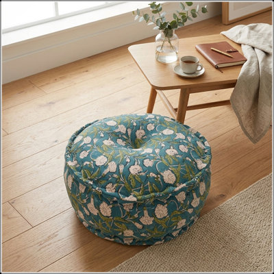 Indigo Printed Floral Pouf Ottoman, Handcrafted Boho Seating for Living Room, Bedroom, and Home Decor, Comfortable and Stylish