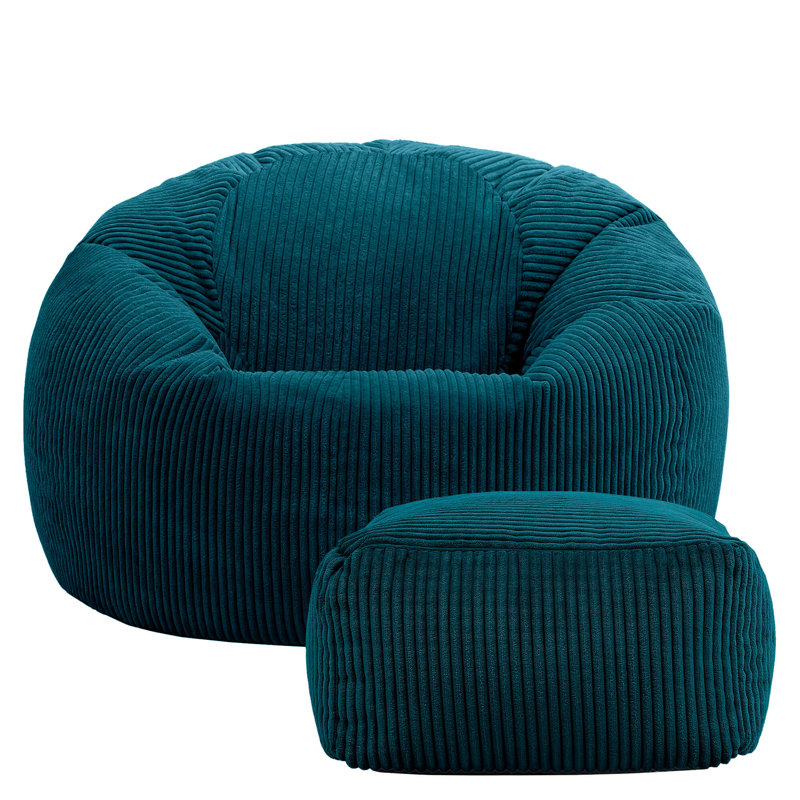 icon Kingston Cord Adults Bean Bag Chair and Pouffe, Ready Filled Beanbag and Footstool Navy Blue, Teal