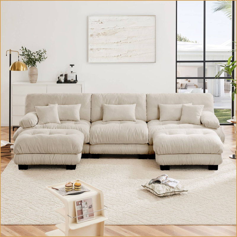 Canapé modulaire en U rembourré avec 2 repose-pieds, Café clair, 35.4" H x 133.8" W x 59.6" D