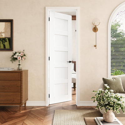 Porte pré-suspendue intérieure à 5 panneaux 24 po x 80 po avec charnières noires, dalle de porte à cadre solide avec cadre, porte intérieure comme porte de garde-manger, porte de chambre à coucher, porte de buanderie, portes de placard, portes de pièce, main gauche