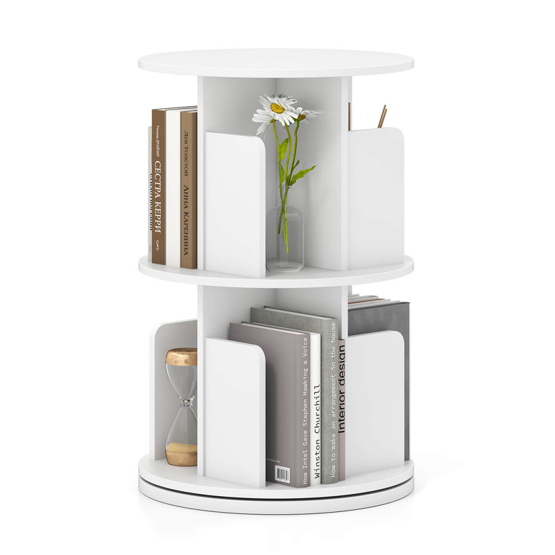 1 PCS 2-Tier Rotating Bookshelf 360° Display Rack with Dividers & Anti-falling Baffles White, White