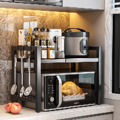 Expandable Microwave Oven Rack Shelf, Kitchen Countertop Organizer Stand Rice Cooker Stand