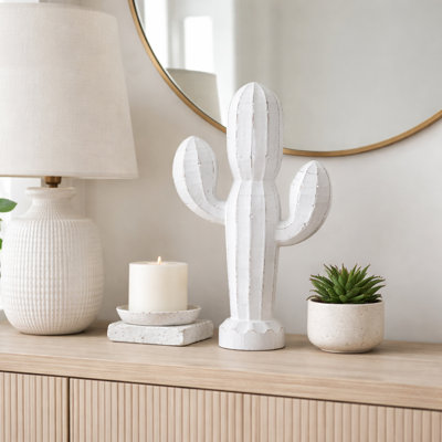 Decorative Wooden Cactus Sculpture Figurine for Home Decor - Modern Southwestern Object Accent for Table, or Living Room Decoration - White
