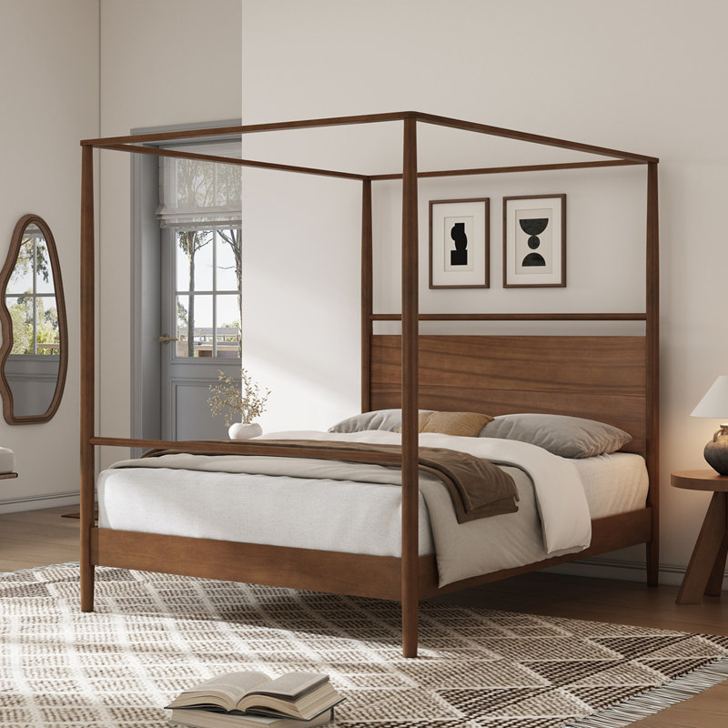 Solid Wood Canopy Bed Frame Four Posters Bed No Box Spring Needed, Walnut, King