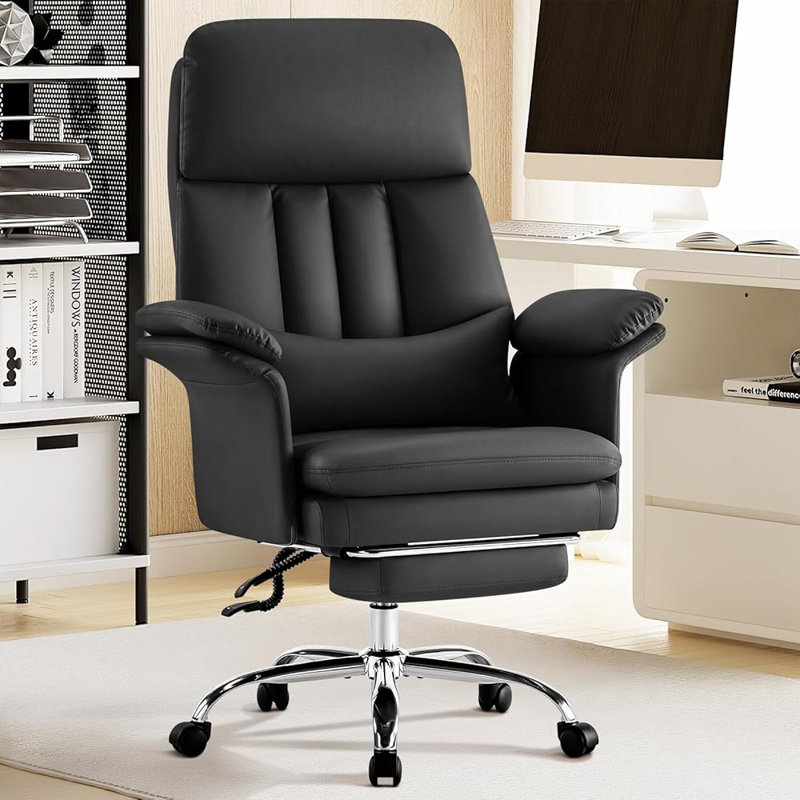 Faux Leather Executive Computer Chair Ergonomic Office Chair with footrest and Double-THick Padding Armrest, Black