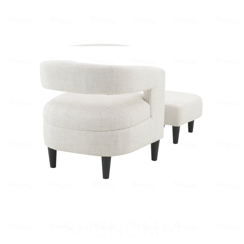 Fauteuil d'appoint courbé beige avec repose-pieds assorti, fauteuil de lecture compact en bois massif avec pieds fuselés pour le salon et la chambre à coucher