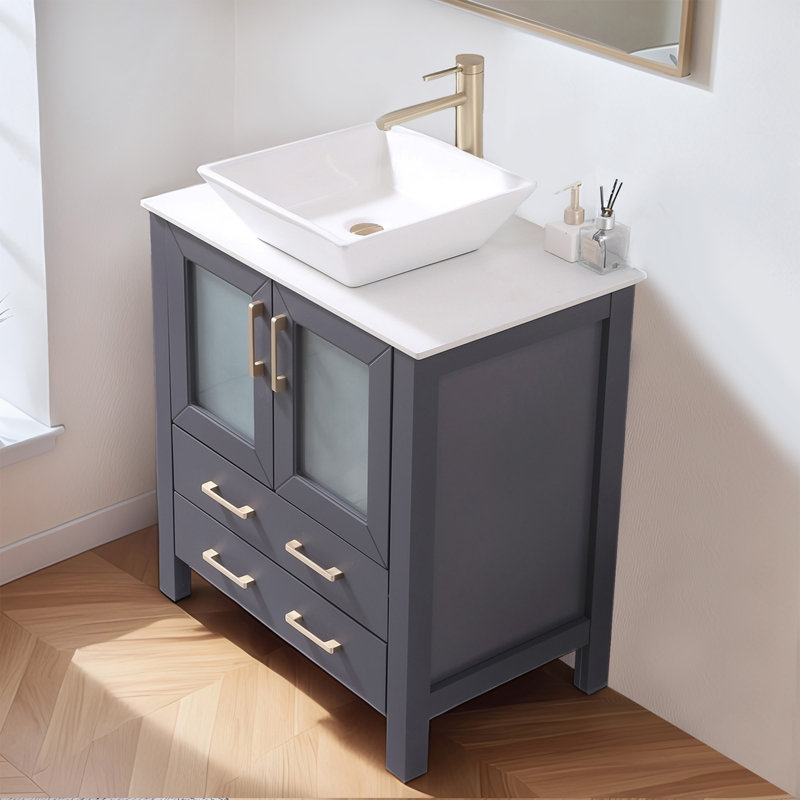30" Modern Freestanding Dark Gray Bathroom Vanity With Ceramic Vessel Sink And Double Ribbed Glass Doors & 2 Storage Drawers