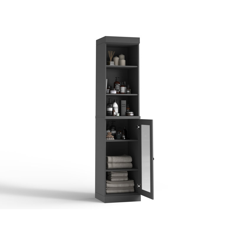100% Solid Wood 16.5" Bathroom Storage Cabinet with Clear Glass Doors and Adjustable Shelves, Gray