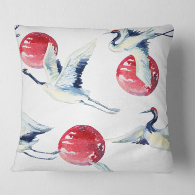 Asian Crane Bird with Full Moon Square Pillow Cover and Insert