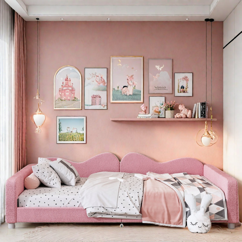 Galanti Upholstered Daybed With Cloud-shaped Backrest, Full/Double, Pink
