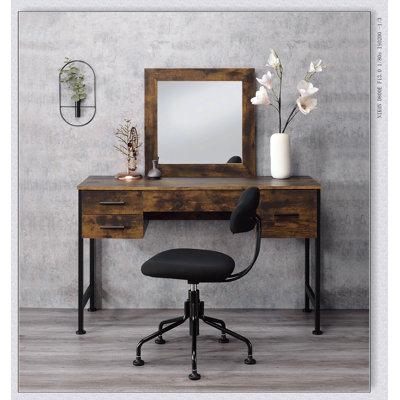 Bureau de coiffeuse Juvanth en chêne rustique et finition noire avec miroir, beaucoup de rangement et élégance moderne pour une vie organisée.