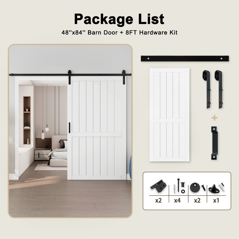 Porte de grange coulissante de 84 po en bois manufacturé massif apprêté à surface blanche avec portes de garde-robe intérieures à peindre avec trousse de quincaillerie (fermeture en douceur incluse)