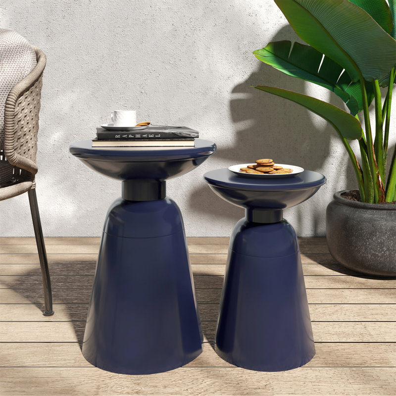 Serenita Outdoor Iron Side Tables With Flared Design, Set Of 2, Navy Blue