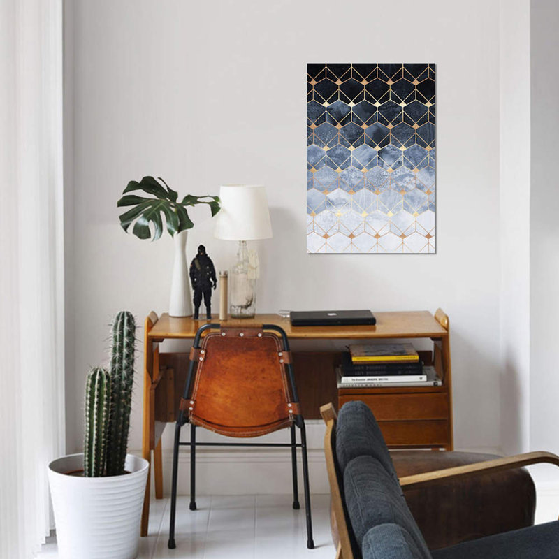 " Blue Hexagons And Diamonds " by Elisabeth Fredriksson, 18" H x 12" W x 1.5" D, No Mat, Wrapped Canvas