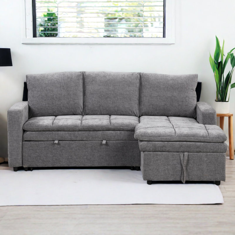 Upholstered Sleeper Sofa, Gray Polyester