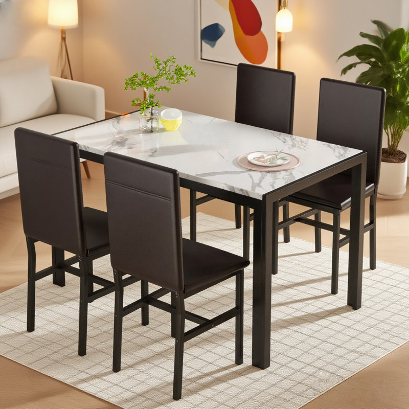 Dining Table Set For 4, Faux Marble Kitchen Table With Uphosltered Dining Chairs, 5-Piece Dining Table Set, Space-Saving Design Dinette Set for Home Furniture Kitchen Restaurant